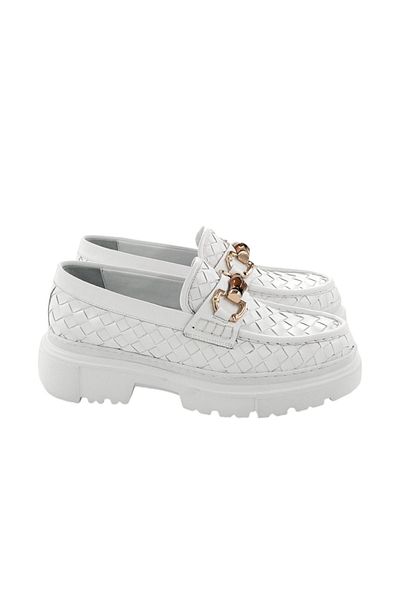 MİLONEK 202413081221   - Men's White Straw Knit Loafer Buckle Casual Shoes