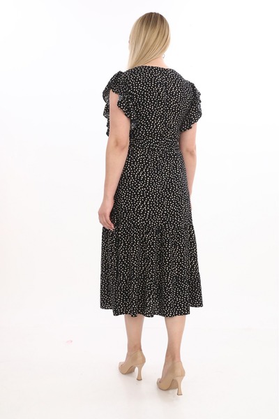 etselements Flounce Sleeve V-Neck Belted Polka Dot Long Viscose Dress 5284 Black-Beige
