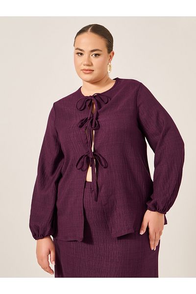 Styli Plus Size Textured Balloon Sleeve Blouse with Tie-Up Detail