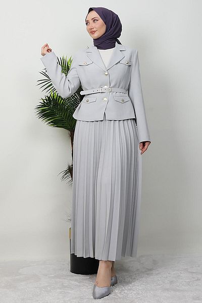 GİYZAMİLA Gold Detail Skirt Suit Stone