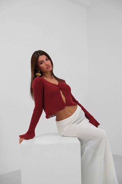 Black Fashion Spanish Sleeve Ripped Detail Burgundy Cardigan