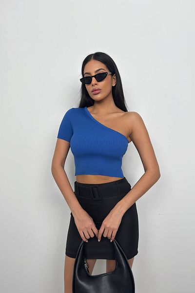 Black Fashion Μπλούζα Saks Blue One Shoulder Crop