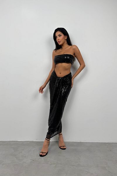 Black Fashion Black Crop Skirt and Sequined Strapless Set