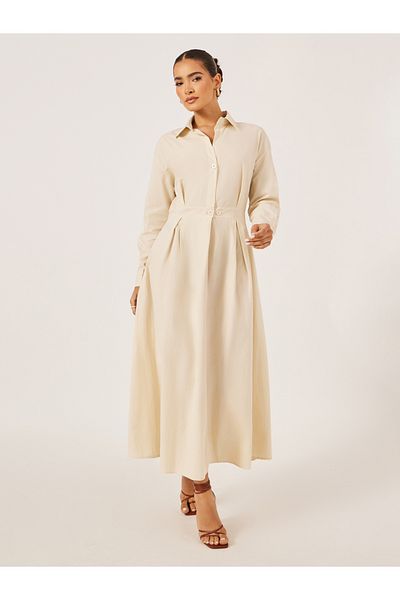 Styli Pleated Long Sleeves Shirt Maxi Dress