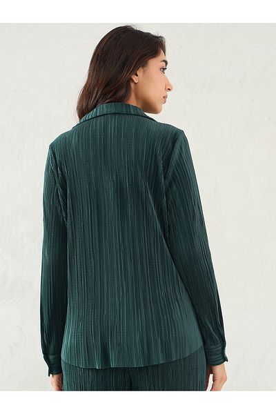 Femmella By Styli Green Pleated Notch Lapel Regular Fit Shirt
