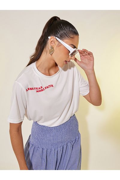 Styli Women White Slogan Print Short Sleeve Regular Fit T-Shirt