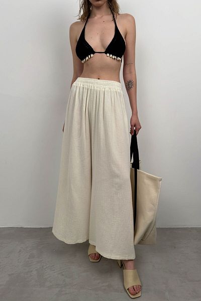 Black Fashion Pantaloni din in ecru - Design cu centură groasă