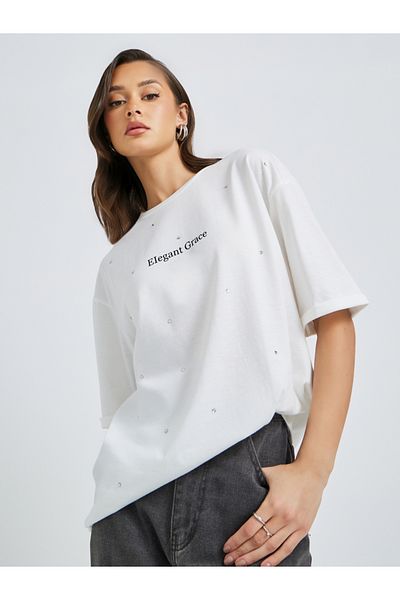 Styli Embellished Slogan Print Oversized T-Shirt