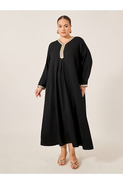 Styli Plus Size Lace Detail V Neck Flared Hem Jalabiya
