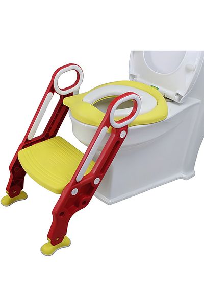 COOYA Potty Training Toilet Seat, With Step Stool Ladder, Soft Padded Seat, Safe Handles (Red)