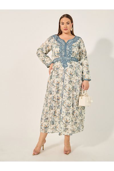 Styli Floral Printed Embroidered Belted Kaftan