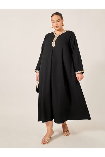 Styli Plus Size Lace Detail V Neck Flared Hem Jalabiya