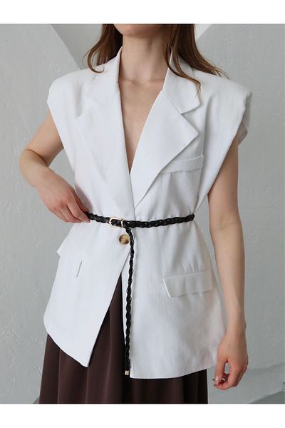 Laluvia Vestă de in cu centură tricotată albă - 7513