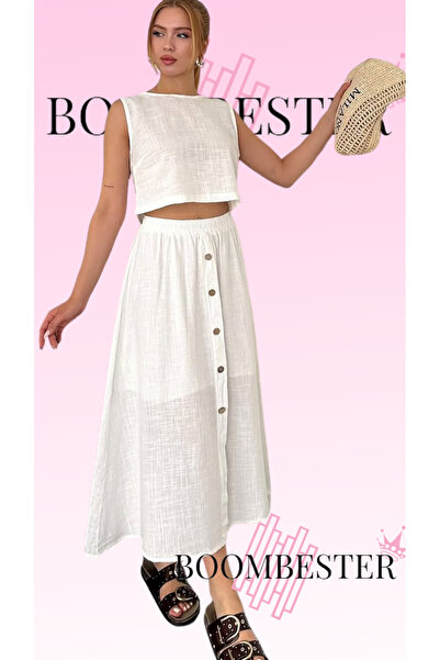 BoomBester Women's White Buttoned Long Skirt with Elastic Waist 100% Cotton Flam- Bohemian Skirt