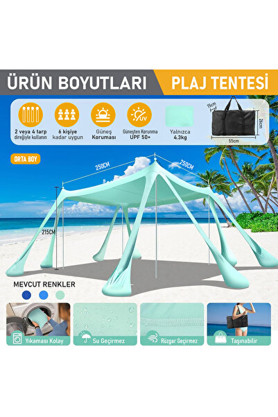 Genel Markalar Plaj Gölgelik Tente Deniz Çadırı UPF50 Güneş Koruma Plaj Şemsiyesi 250x250cm Derin Mavi