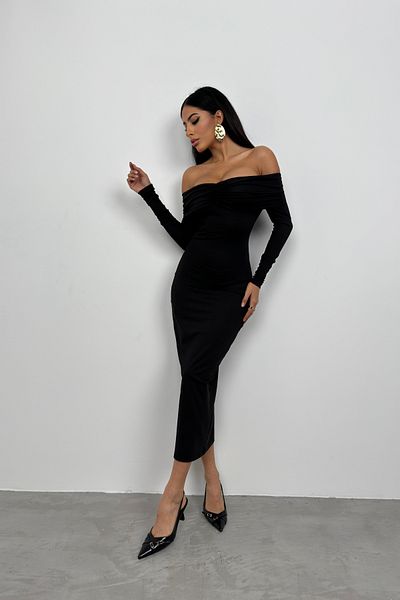 Black Fashion Rochie maxi neagră - Decolteu barcă și detaliu cu șnur