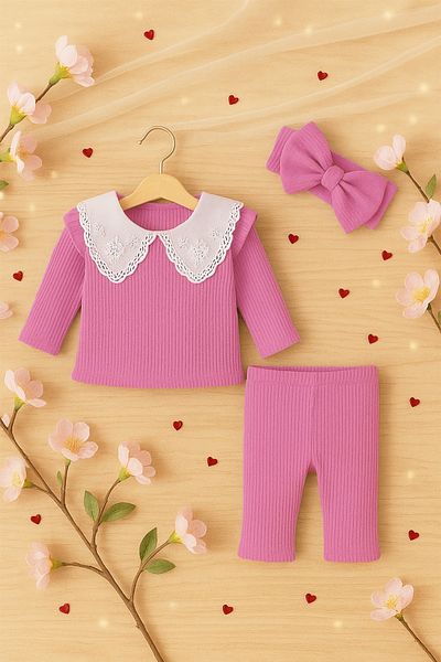 ADABEBEK Lace Collar Detailed Ribbed Bandana Baby Girl Set