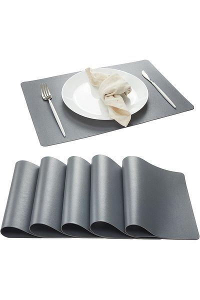COOYA Placemats Set of 6, Waterproof Faux Leather Heat Resistant Anti Slip Dining Table Place Mats(Grey)