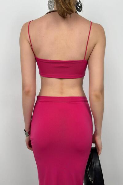 Black Fashion Askılı Crop Yırtmaçlı Fuşya Etek Takım