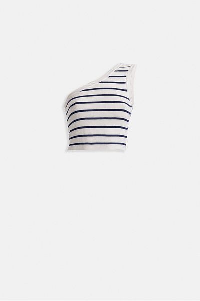 Black Fashion One Shoulder Striped White Navy Blue Crop