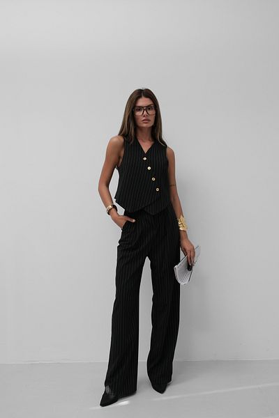 Black Fashion Gray Striped V-Neck Double Breasted Vest