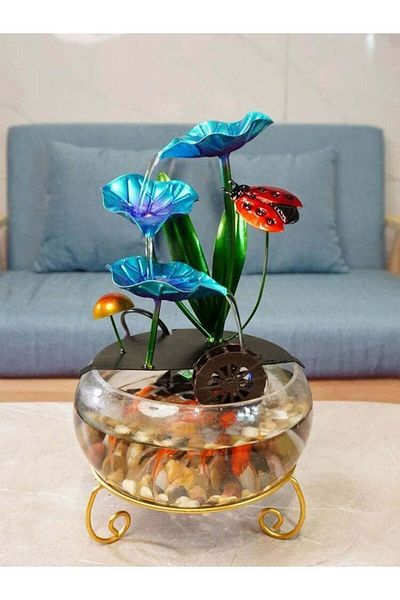 Living Glass Fish Tank with Lotus Leaf Fountain and USB Port