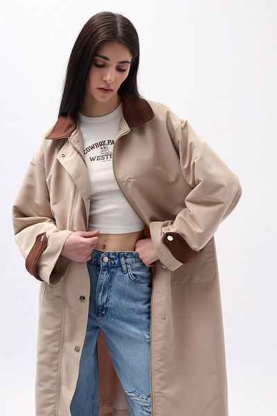 Black Fashion Trench oversize bej cu detaliu guler