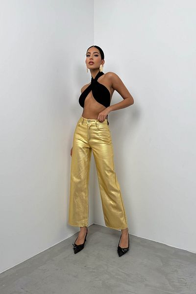 Black Fashion High Waist Metallic Gold Trousers