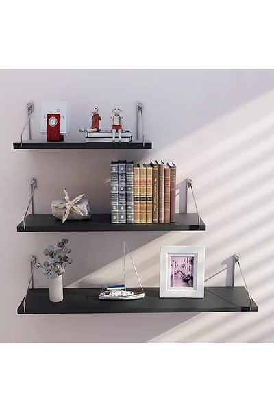 fulina Floating Shelves 3 Set, with Metal Brackets, for Wall, Living Room, Bathroom and Plants,Black