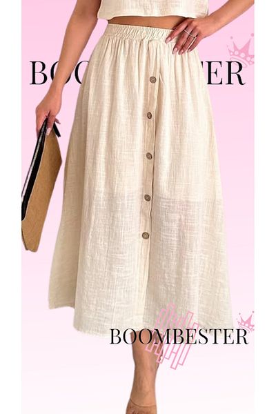 BoomBester Γυναικεία μακριά φούστα με κουμπιά λινό Flam - Φόδρα Καλοκαιρινή Άνετη