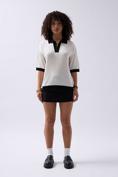 Black Fashion V-Neck Stripe Detail White Black T-Shirt