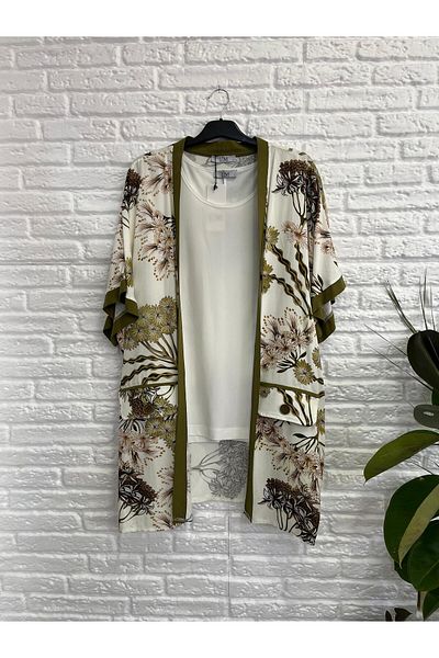 Butik Eylül , Large Size Floral Patterned, Viscose Kimono Set Khaki