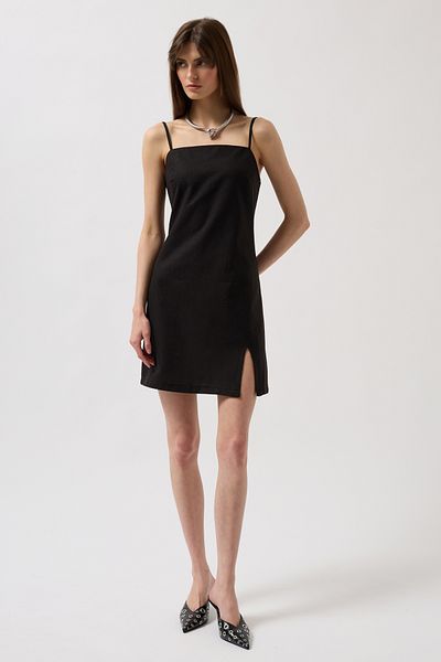 Black Fashion Linen Mini Black Dress with Rope Strap Slit Detail