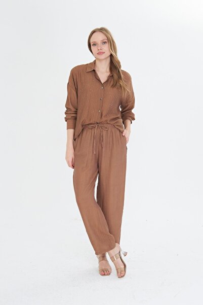TIFFANY&TOMATO Beli Lastikli Çizgili Rayon Pantolon