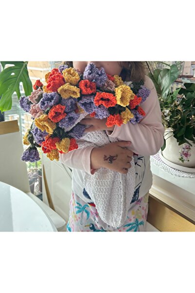 PERA ÖRGÜ SANATI El Örgüsü Buket Şal Battaniye 100 Cm Çiçekli Battaniye