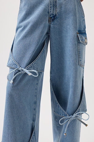 Black Fashion Стрічка Деталь Карго Кишеня Широкий Крій Синій Джинси