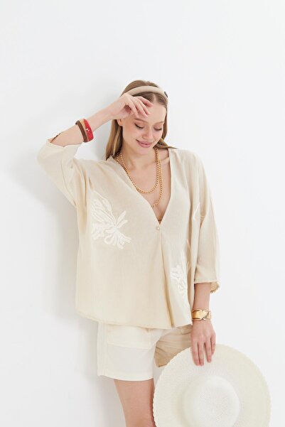 TIFFANY&TOMATO Pul Payet Süzene Nakışlı Keten Görünümlü Kimono