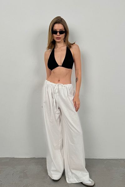 Black Fashion Pantaloni albi din voile cu detalii tunel