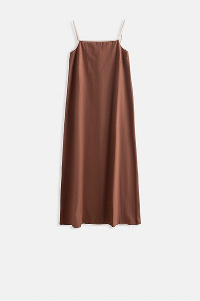 Black Fashion Λεπτομέρεια ρίγες Λινό Maxi Καφέ Φόρεμα