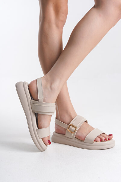Entella Store Women's Beige Skin Cream Double Strap Buckle Detailed Daily Comfortable Sandals