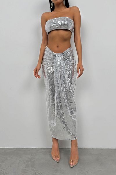 Black Fashion Σετ στράπλες με παγιέτες ασημί Crop φούστα