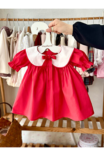 BİHAYALBİÇOCUK Bebe Yakalı Kırmızı Elbise
