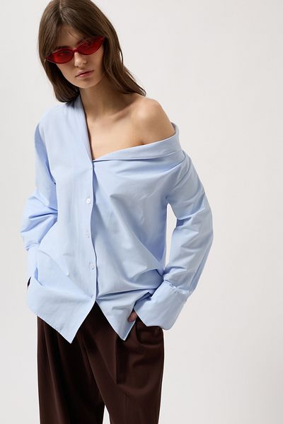 Black Fashion Cămașă asimetrică albastru deschis cu guler șal