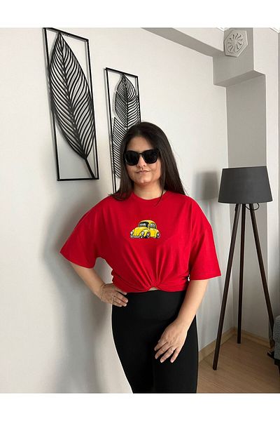 woonkey Women's Oversize Car Printed Crew Neck New Season T-Shirt