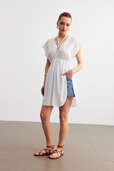 Trendseninle Γυναικείο λευκό κορδόνι με λαιμόκοψη Pareo