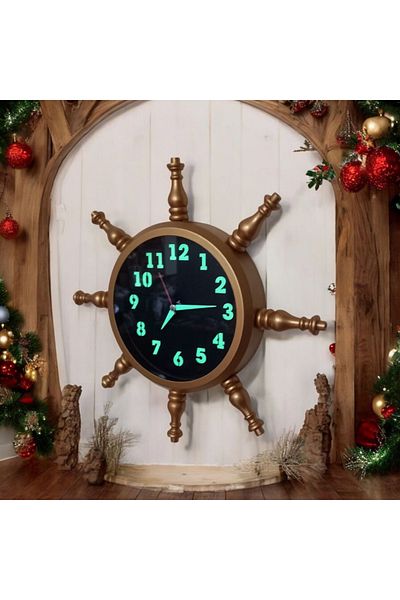 Bahat Phosphorescent Gold Metal Wood Sailor Sailor Rudder Wall Clock 34 cm