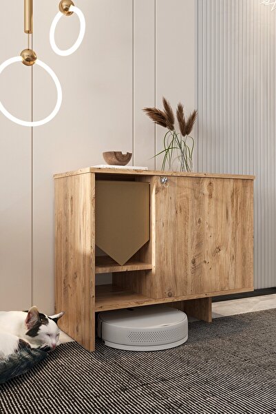 Mercie Mıa Ahşap Kedi Tuvaleti-kapağı Kilitli-giriş Yerindeki Kumaş Dahil-kum...