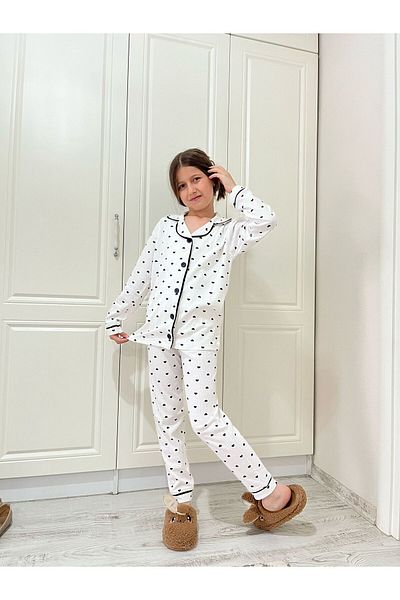 Tosyalı Burak Bebe Girl's Heart Front Buttoned Cotton Pajama Set (7-8-9 Years)
