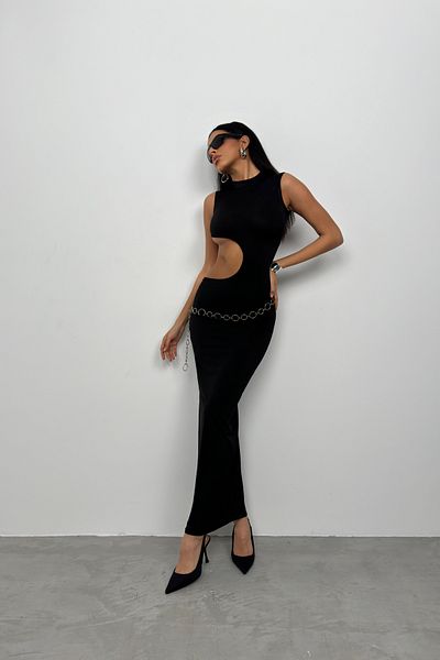 Black Fashion Rochie neagră lungă asimetrică cu centură în talie