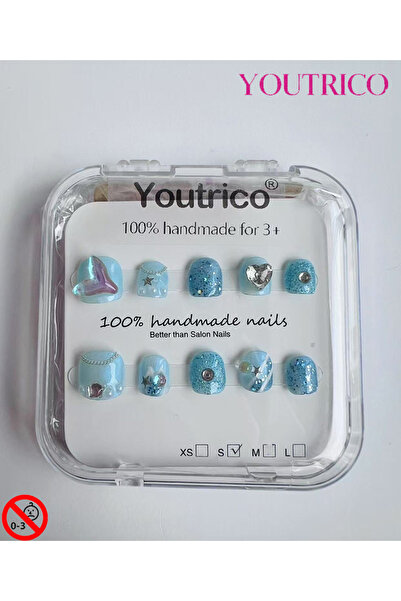 Youtrico أظافر أطفال لاصقة مصنوعة يدويًا بنسبة 100%، لون أخضر كرتوني، آمنة لل...